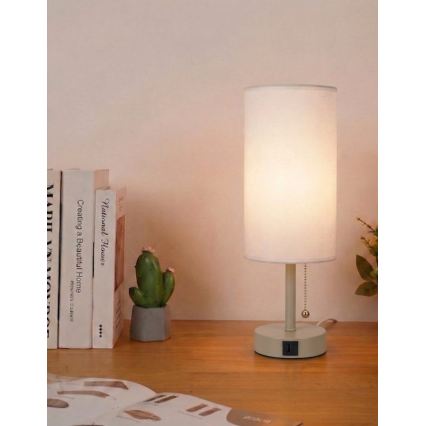 Brilagi - Bordslampa med USB-port TABLON 1xE27/25W/230V beige/vit