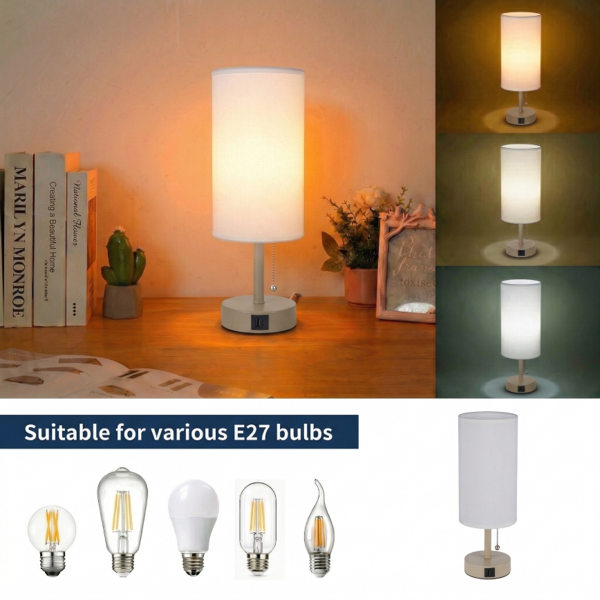Brilagi - Bordslampa med USB-port TABLON 1xE27/25W/230V beige/vit