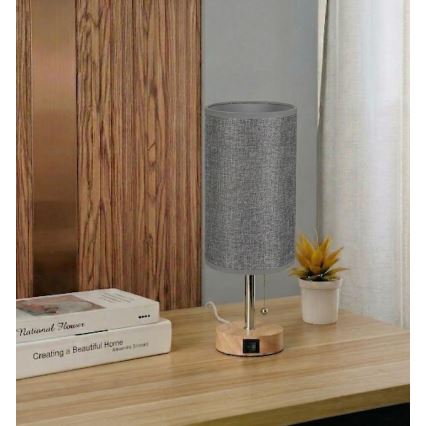 Brilagi - Bordslampa med USB-port TABLON 1xE27/25W/230V ek/beige/grå