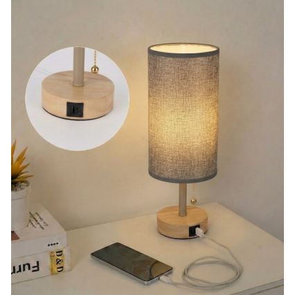 Brilagi - Bordslampa med USB-port TABLON 1xE27/25W/230V ek/beige/grå