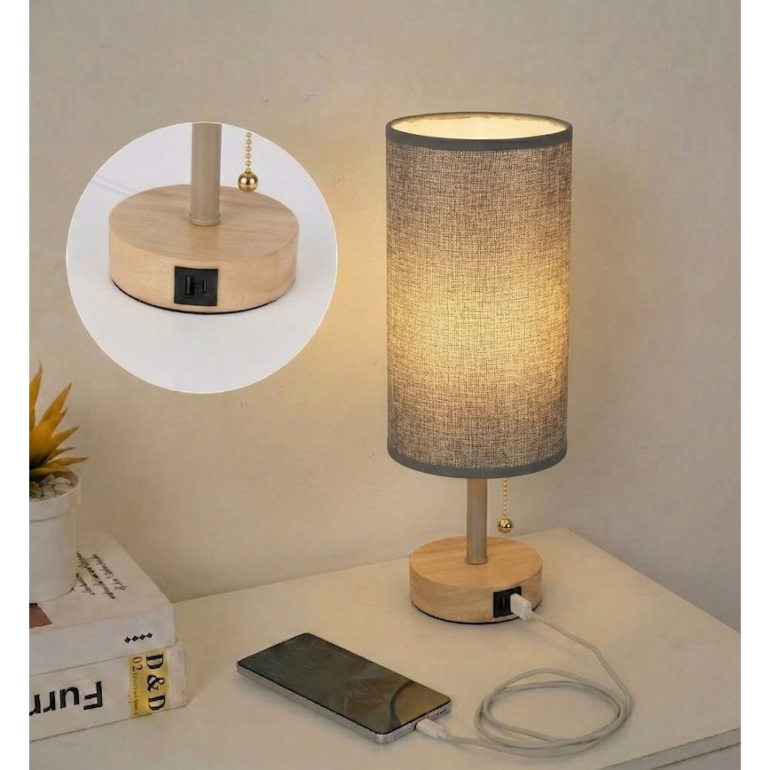 Brilagi - Bordslampa med USB-port TABLON 1xE27/25W/230V ek/beige/grå