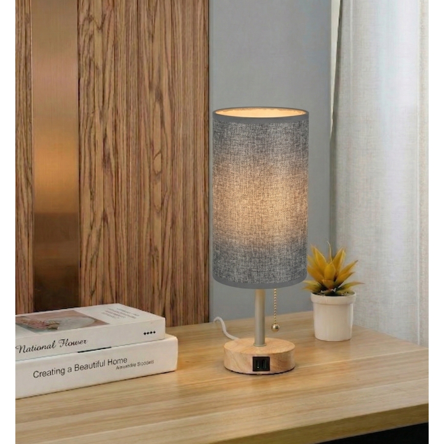 Brilagi - Bordslampa med USB-port TABLON 1xE27/25W/230V ek/beige/grå