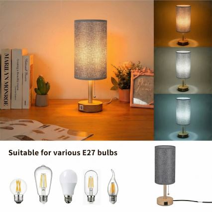Brilagi - Bordslampa med USB-port TABLON 1xE27/25W/230V ek/beige/grå