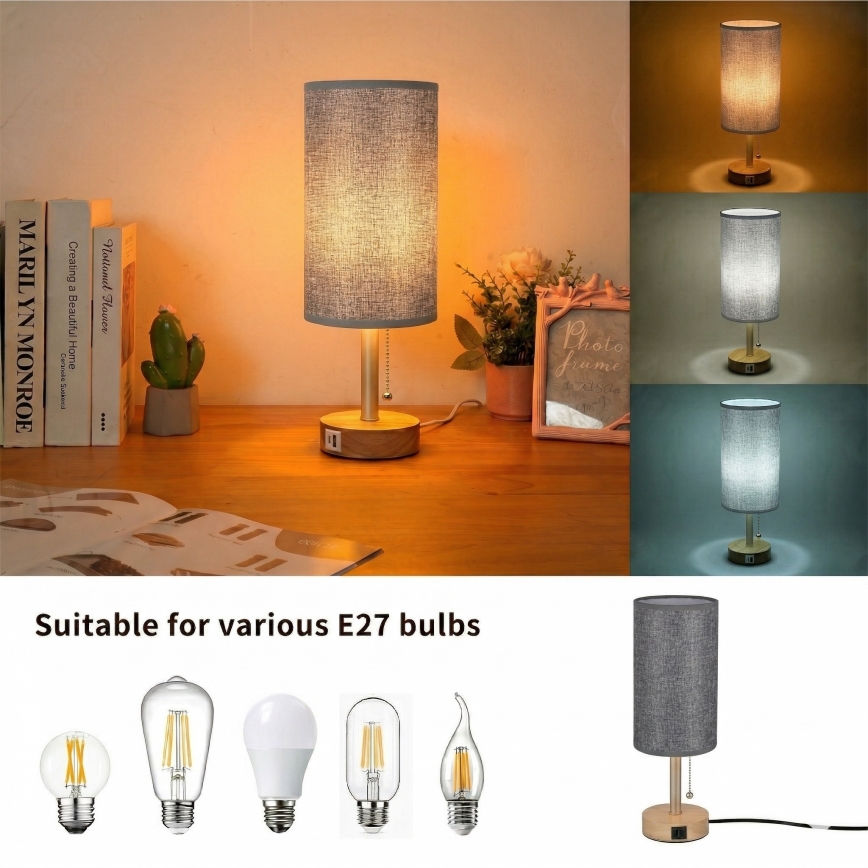 Brilagi - Bordslampa med USB-port TABLON 1xE27/25W/230V ek/beige/grå