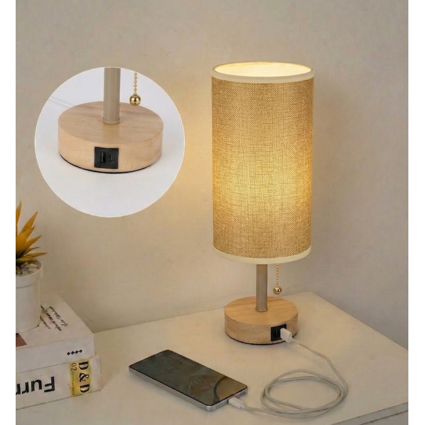 Brilagi - Bordslampa med USB-port TABLON 1xE27/25W/230V ek/beige