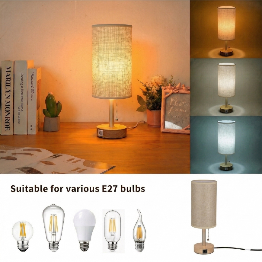 Brilagi - Bordslampa med USB-port TABLON 1xE27/25W/230V ek/beige