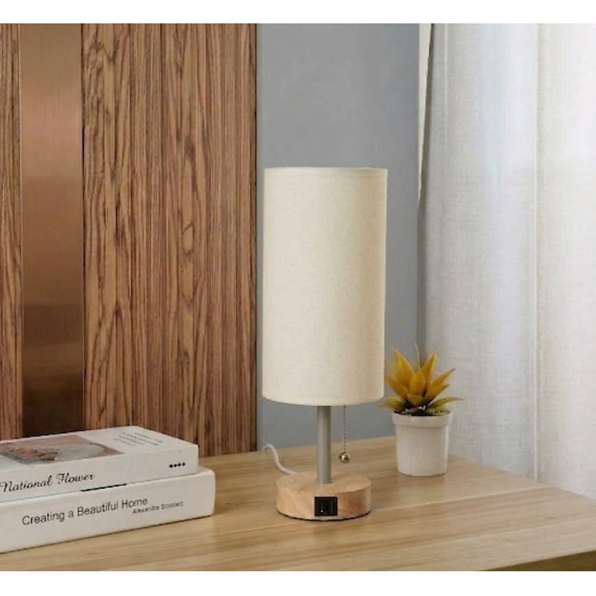 Brilagi - Bordslampa med USB-port TABLON 1xE27/25W/230V ek/beige/krämvit