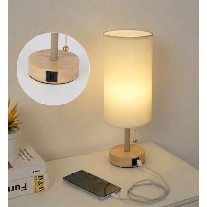 Brilagi - Bordslampa med USB-port TABLON 1xE27/25W/230V ek/beige/krämvit