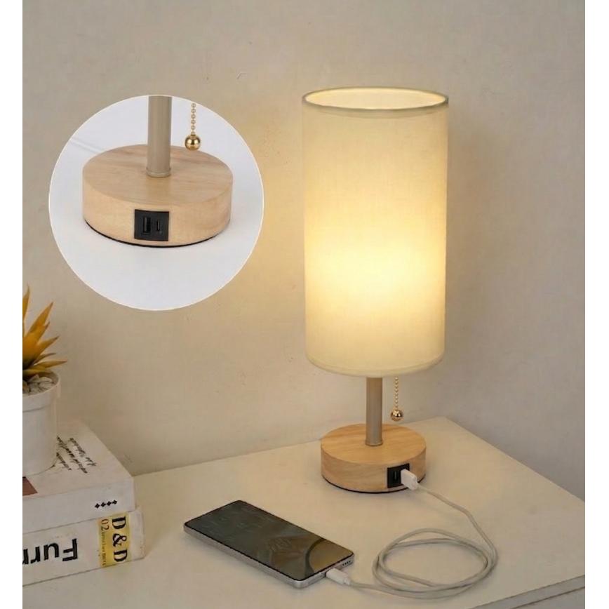 Brilagi - Bordslampa med USB-port TABLON 1xE27/25W/230V ek/beige/krämvit