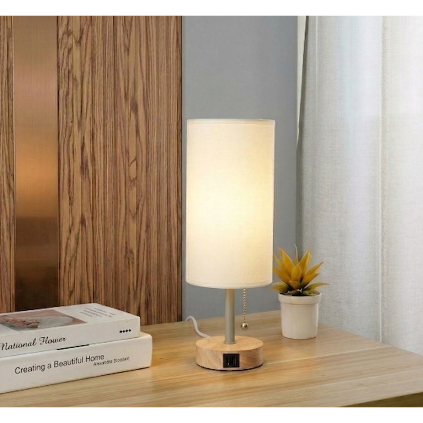 Brilagi - Bordslampa med USB-port TABLON 1xE27/25W/230V ek/beige/krämvit