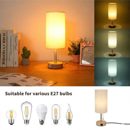 Brilagi - Bordslampa med USB-port TABLON 1xE27/25W/230V ek/beige/krämvit