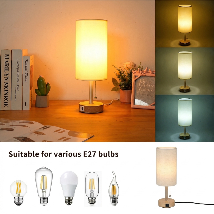 Brilagi - Bordslampa med USB-port TABLON 1xE27/25W/230V ek/beige/krämvit