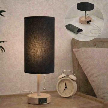 Brilagi - Bordslampa med USB-port TABLON 1xE27/25W/230V ek/beige/svart