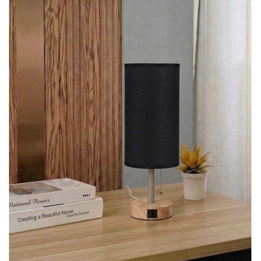 Brilagi - Bordslampa med USB-port TABLON 1xE27/25W/230V ek/beige/svart