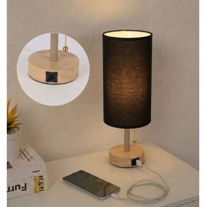 Brilagi - Bordslampa med USB-port TABLON 1xE27/25W/230V ek/beige/svart