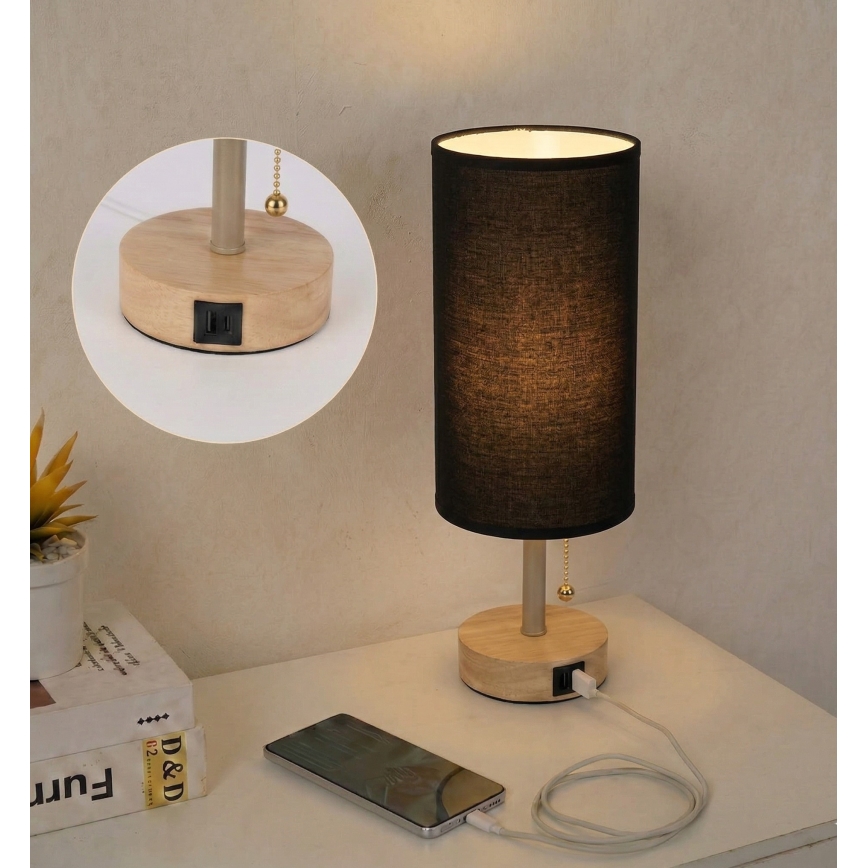 Brilagi - Bordslampa med USB-port TABLON 1xE27/25W/230V ek/beige/svart