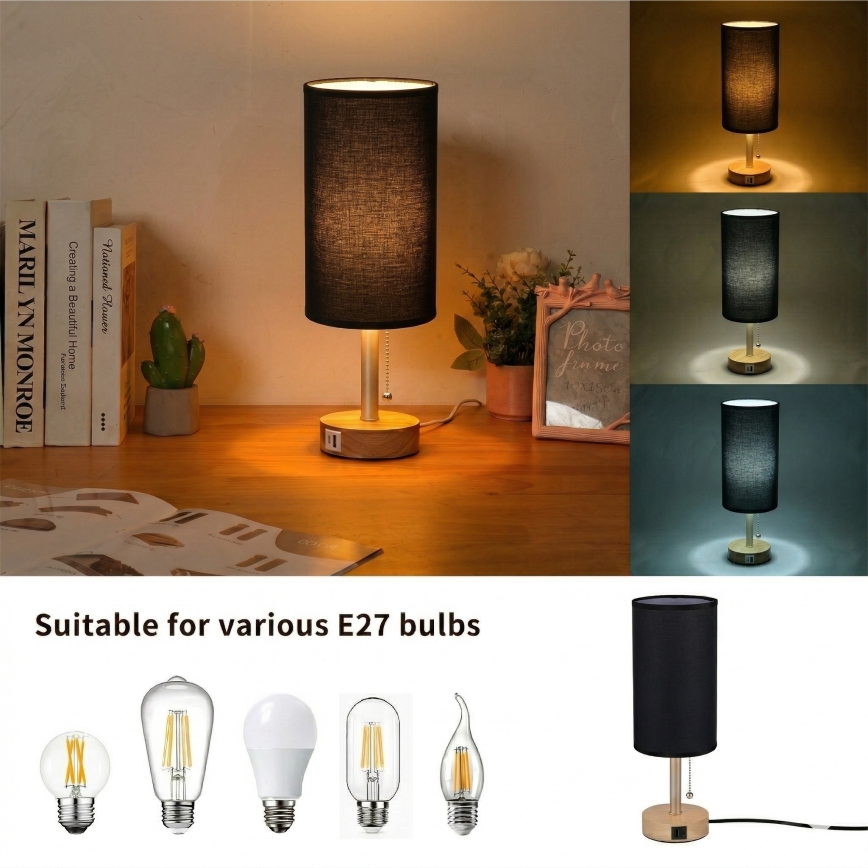 Brilagi - Bordslampa med USB-port TABLON 1xE27/25W/230V ek/beige/svart