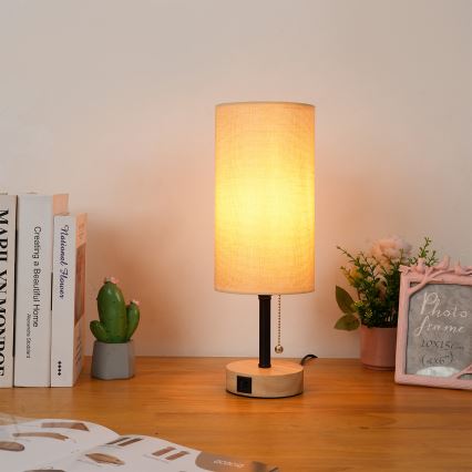 Brilagi - Bordslampa med USB-port TABLON 1xE27/25W/230V ek/svart/beige