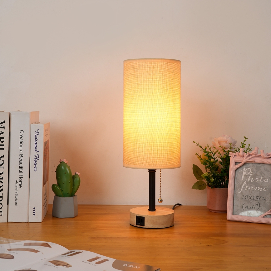 Brilagi - Bordslampa med USB-port TABLON 1xE27/25W/230V ek/svart/beige