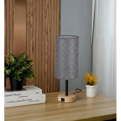 Brilagi - Bordslampa med USB-port TABLON 1xE27/25W/230V ek/svart/grå