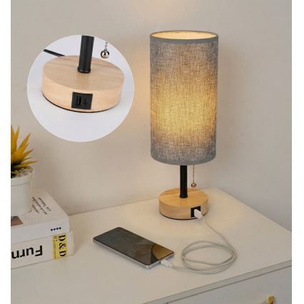 Brilagi - Bordslampa med USB-port TABLON 1xE27/25W/230V ek/svart/grå