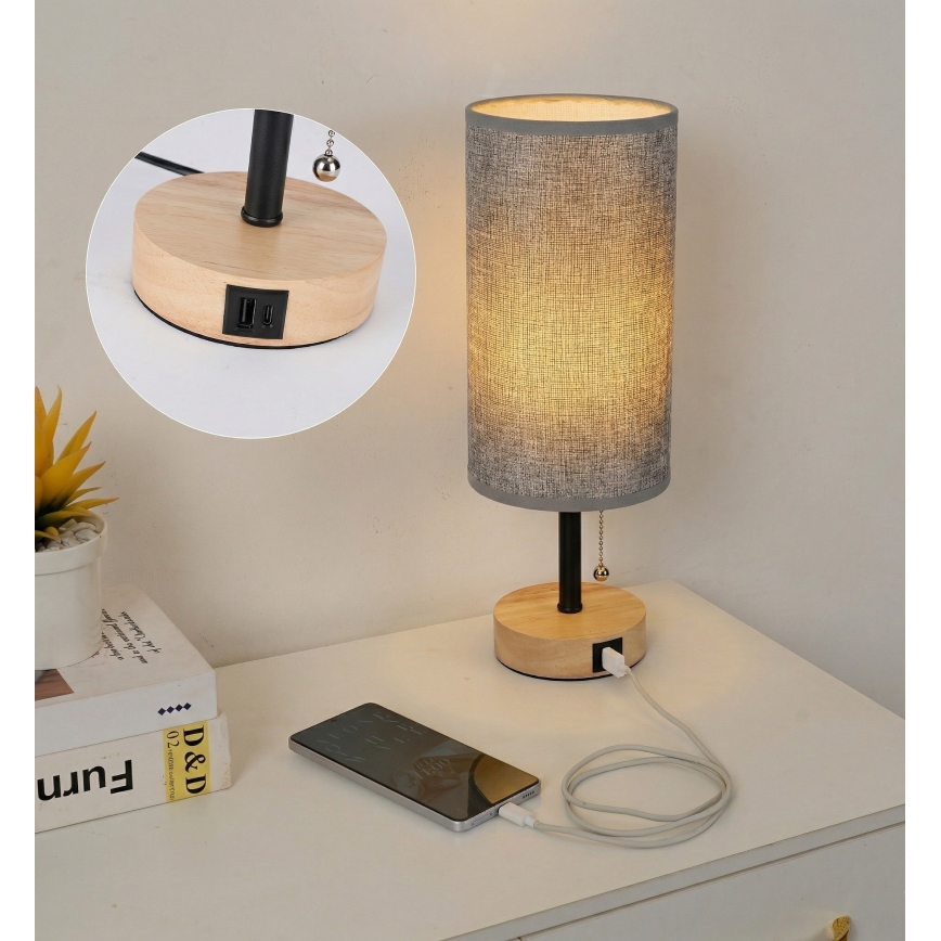 Brilagi - Bordslampa med USB-port TABLON 1xE27/25W/230V ek/svart/grå