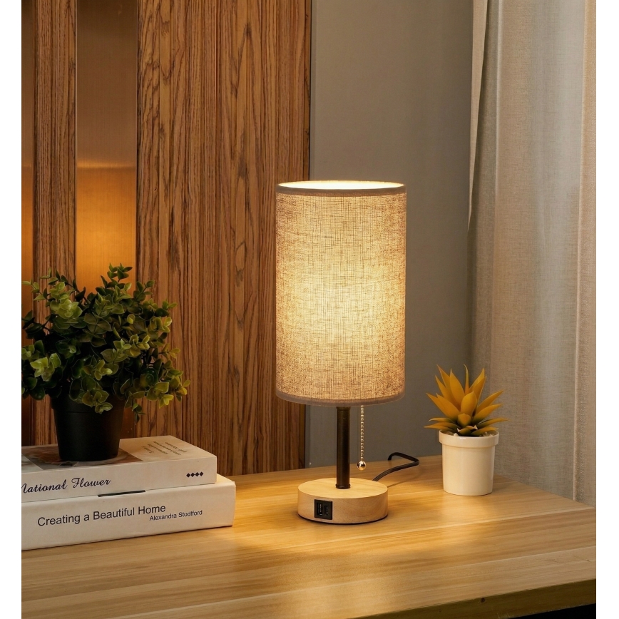 Brilagi - Bordslampa med USB-port TABLON 1xE27/25W/230V ek/svart/grå