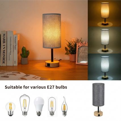 Brilagi - Bordslampa med USB-port TABLON 1xE27/25W/230V ek/svart/grå