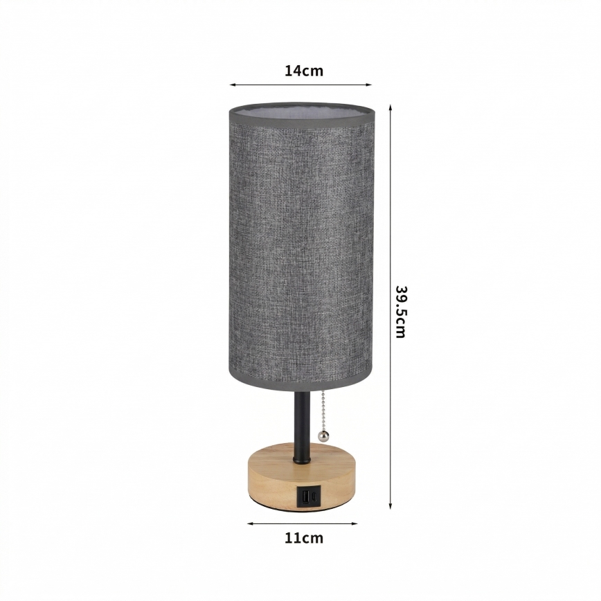 Brilagi - Bordslampa med USB-port TABLON 1xE27/25W/230V ek/svart/grå