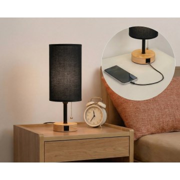 Brilagi - Bordslampa med USB-port TABLON 1xE27/25W/230V ek/svart