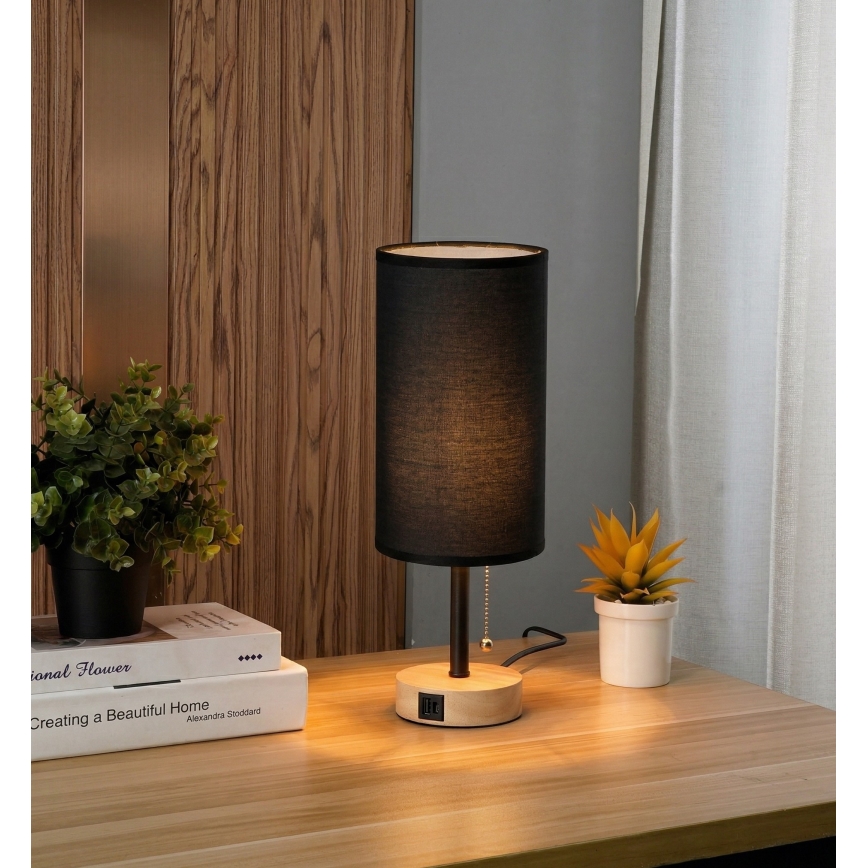 Brilagi - Bordslampa med USB-port TABLON 1xE27/25W/230V ek/svart