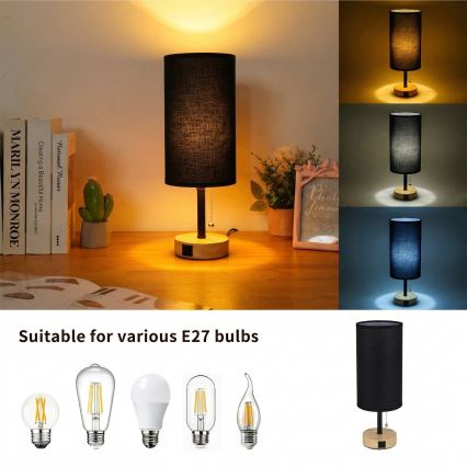 Brilagi - Bordslampa med USB-port TABLON 1xE27/25W/230V ek/svart