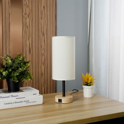 Brilagi - Bordslampa med USB-port TABLON 1xE27/25W/230V ek/svart/krämvit