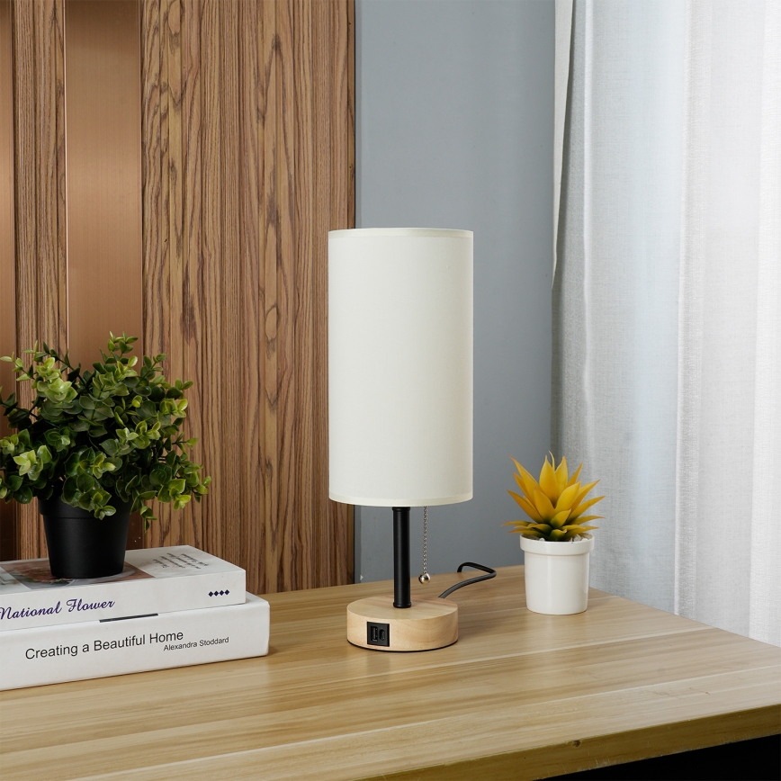 Brilagi - Bordslampa med USB-port TABLON 1xE27/25W/230V ek/svart/krämvit