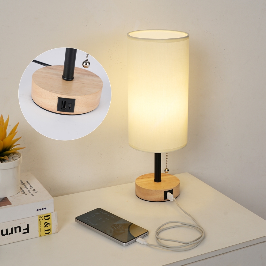 Brilagi - Bordslampa med USB-port TABLON 1xE27/25W/230V ek/svart/krämvit