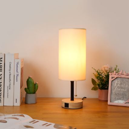 Brilagi - Bordslampa med USB-port TABLON 1xE27/25W/230V ek/svart/krämvit