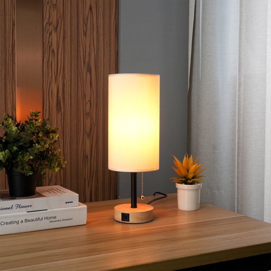 Brilagi - Bordslampa med USB-port TABLON 1xE27/25W/230V ek/svart/krämvit