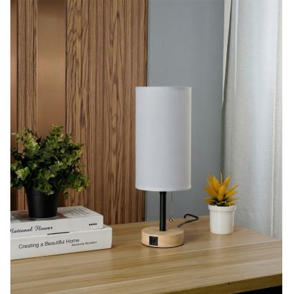 Brilagi - Bordslampa med USB-port TABLON 1xE27/25W/230V ek/svart/vit