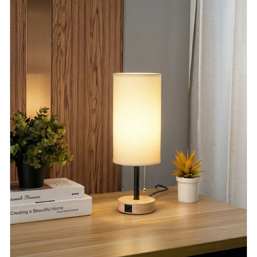 Brilagi - Bordslampa med USB-port TABLON 1xE27/25W/230V ek/svart/vit