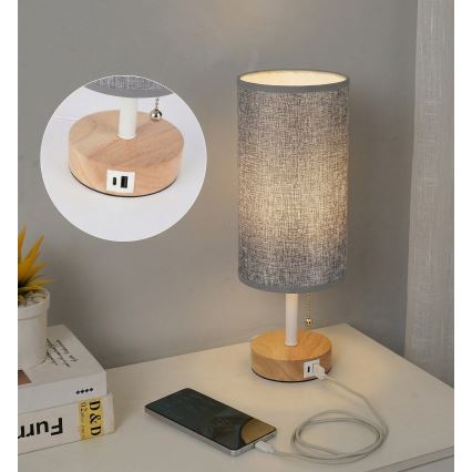 Brilagi - Bordslampa med USB-port TABLON 1xE27/25W/230V ek/vit/grå