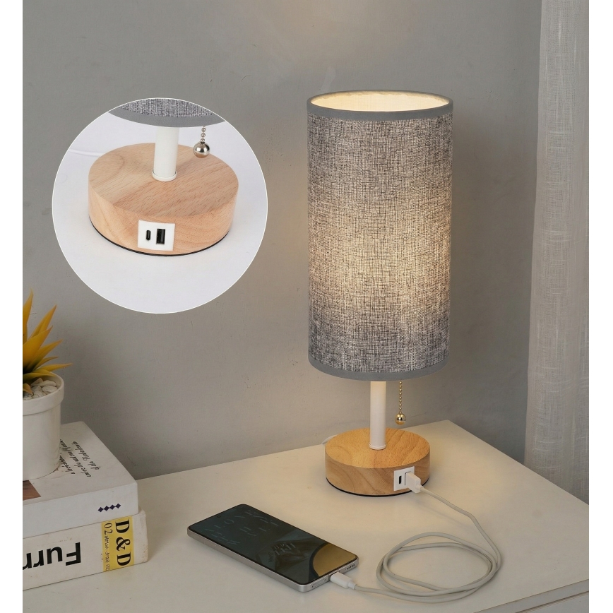 Brilagi - Bordslampa med USB-port TABLON 1xE27/25W/230V ek/vit/grå