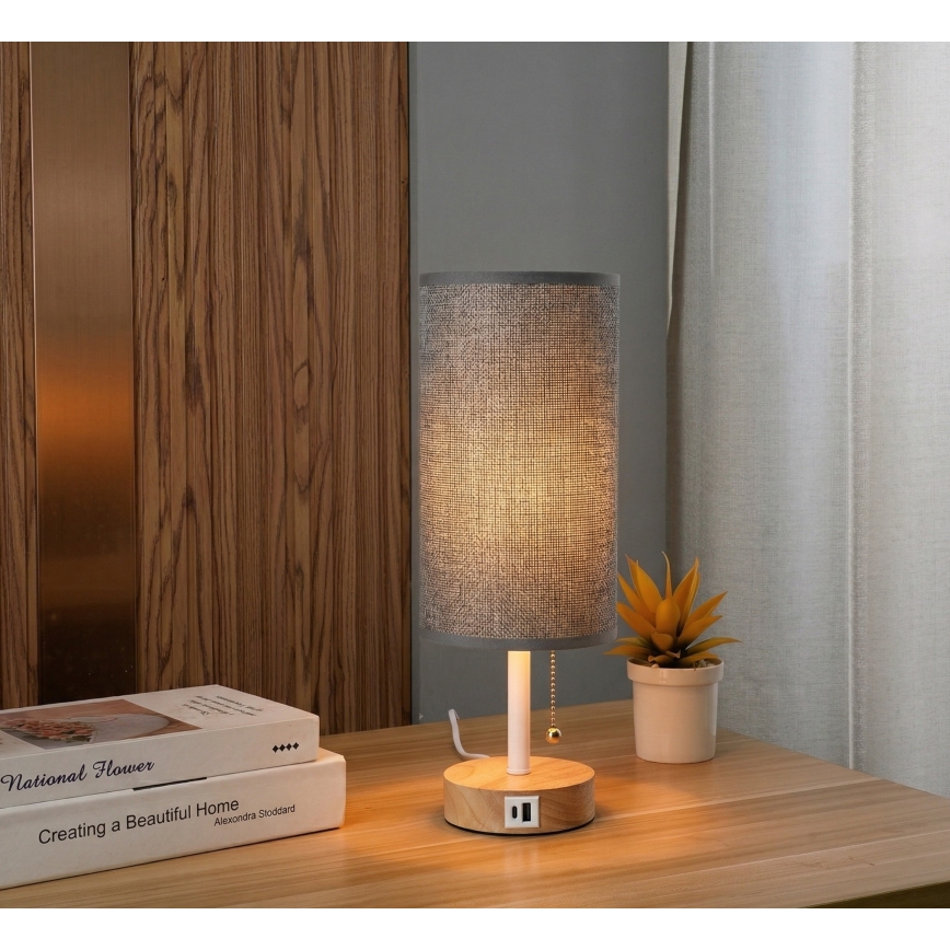 Brilagi - Bordslampa med USB-port TABLON 1xE27/25W/230V ek/vit/grå