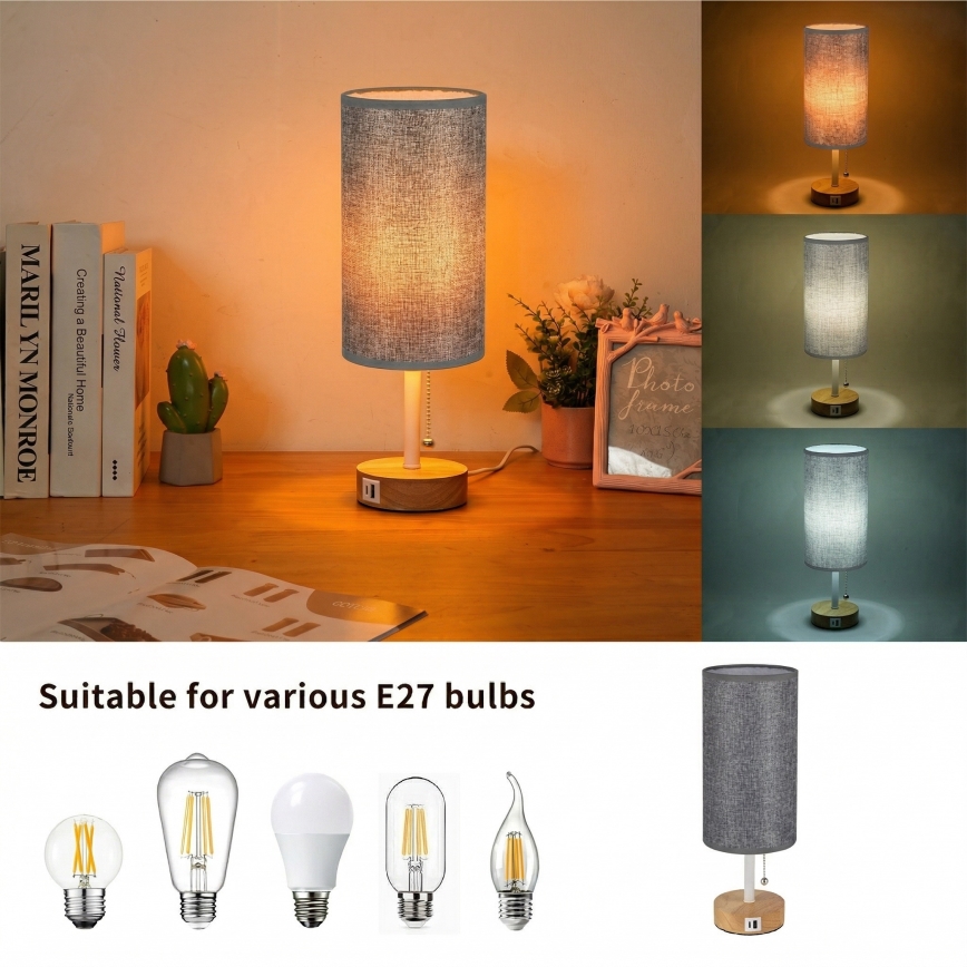 Brilagi - Bordslampa med USB-port TABLON 1xE27/25W/230V ek/vit/grå