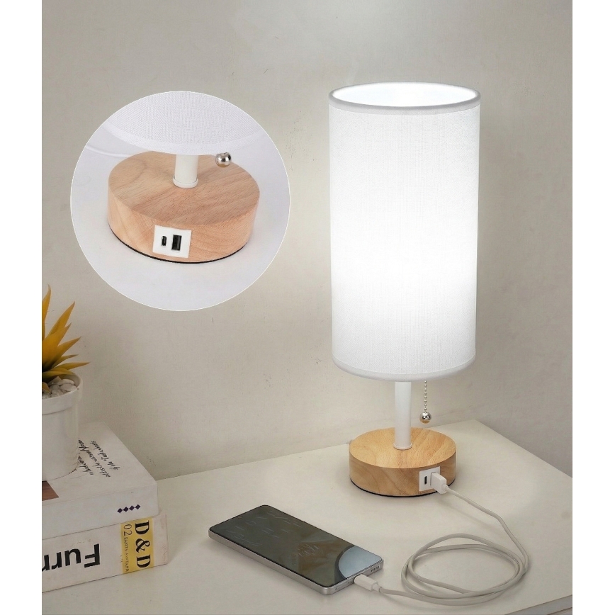 Brilagi - Bordslampa med USB-port TABLON 1xE27/25W/230V ek/vit