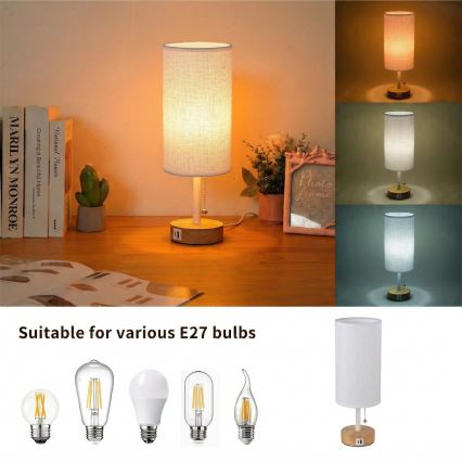 Brilagi - Bordslampa med USB-port TABLON 1xE27/25W/230V ek/vit