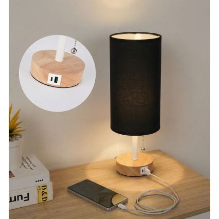 Brilagi - Bordslampa med USB-port TABLON 1xE27/25W/230V ek/vit/svart