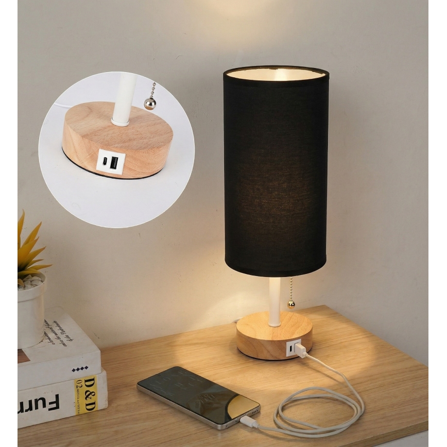 Brilagi - Bordslampa med USB-port TABLON 1xE27/25W/230V ek/vit/svart