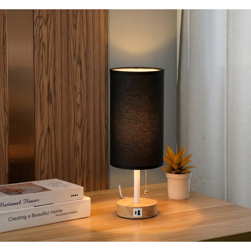 Brilagi - Bordslampa med USB-port TABLON 1xE27/25W/230V ek/vit/svart