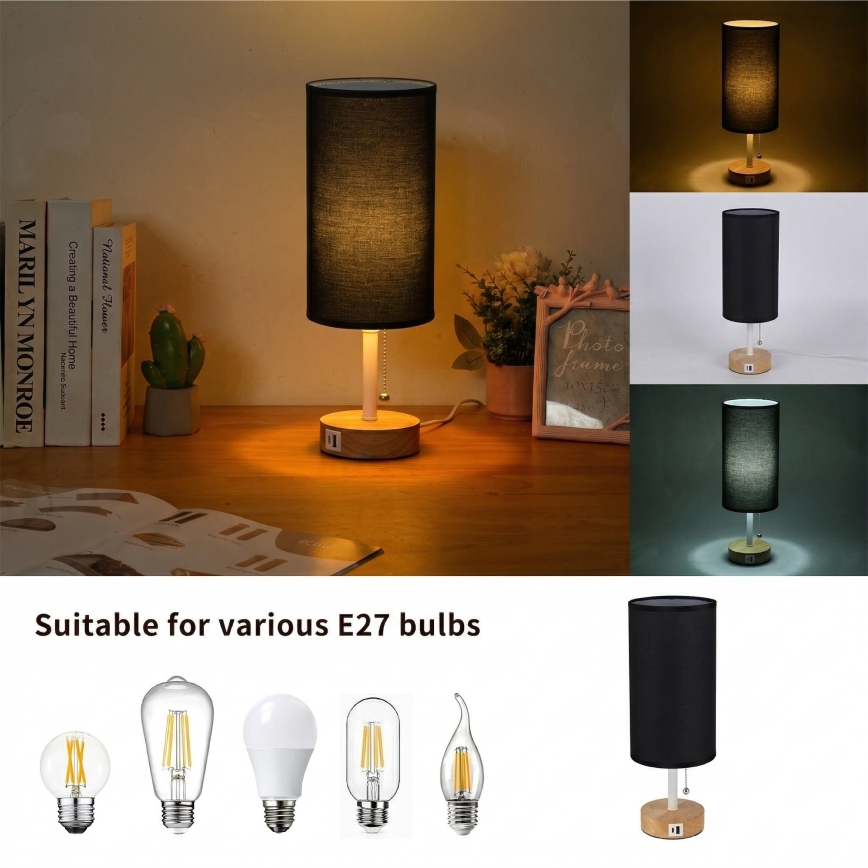Brilagi - Bordslampa med USB-port TABLON 1xE27/25W/230V ek/vit/svart