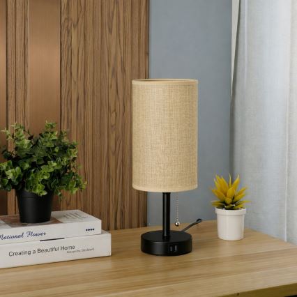 Brilagi - Bordslampa med USB-port TABLON 1xE27/25W/230V svart/beige